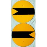 Pair of British Railways enamel banner SIGNAL REPEATER DISCS with a black fishtailed banner on a