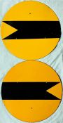 Pair of British Railways enamel banner SIGNAL REPEATER DISCS with a black fishtailed banner on a