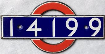 1939 London Underground enamel STOCK-NUMBER PLATE from P-Stock driving motor car 14199. This car was