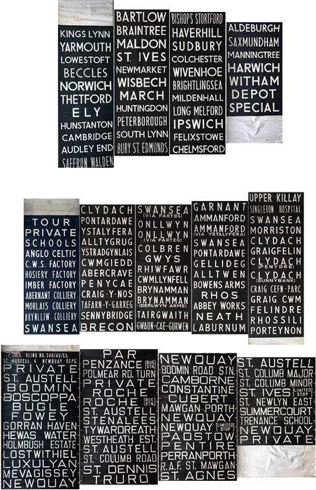 Selection of bus DESTINATION BLINDS comprising examples from Eastern Counties (Norwich Area),