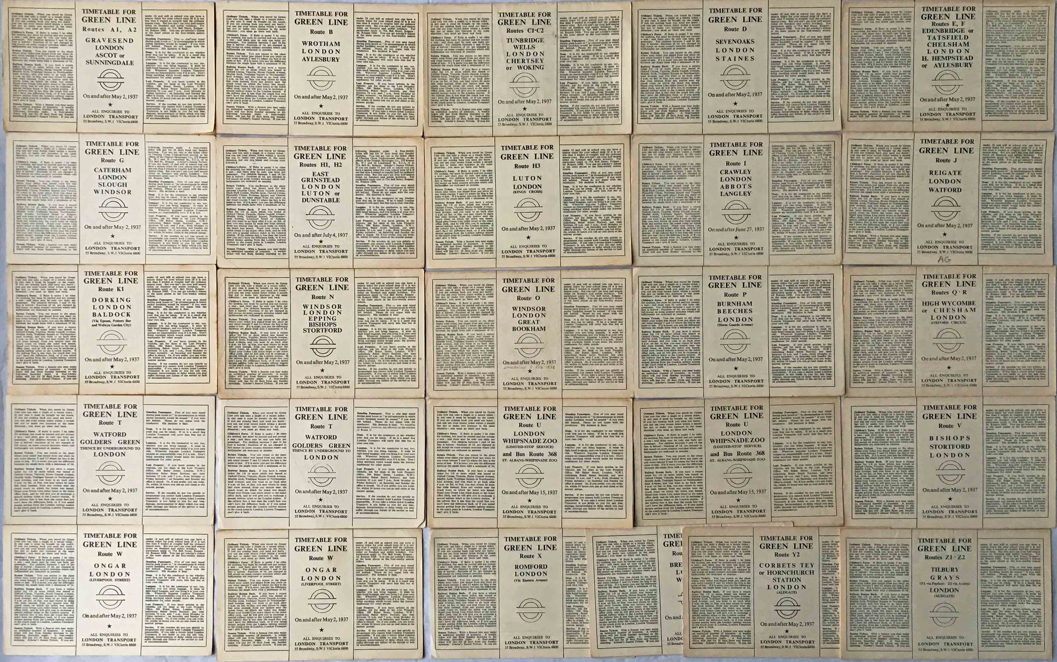 Quantity (26) of 1937 London Transport Green Line Coaches TIMETABLE LEAFLETS. 3 duplications