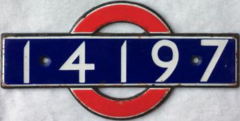 1939 London Underground enamel STOCK-NUMBER PLATE from P-Stock driving motor car 14197. The car