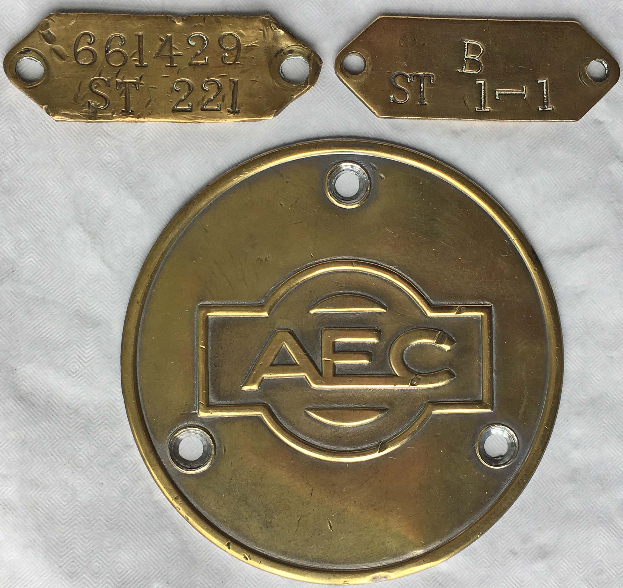 Set of brass PLATES from a London Transport ST-type bus comprising a CHASSIS TAG (DUMB-IRON PLATE)