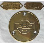 Set of brass PLATES from a London Transport ST-type bus comprising a CHASSIS TAG (DUMB-IRON PLATE)