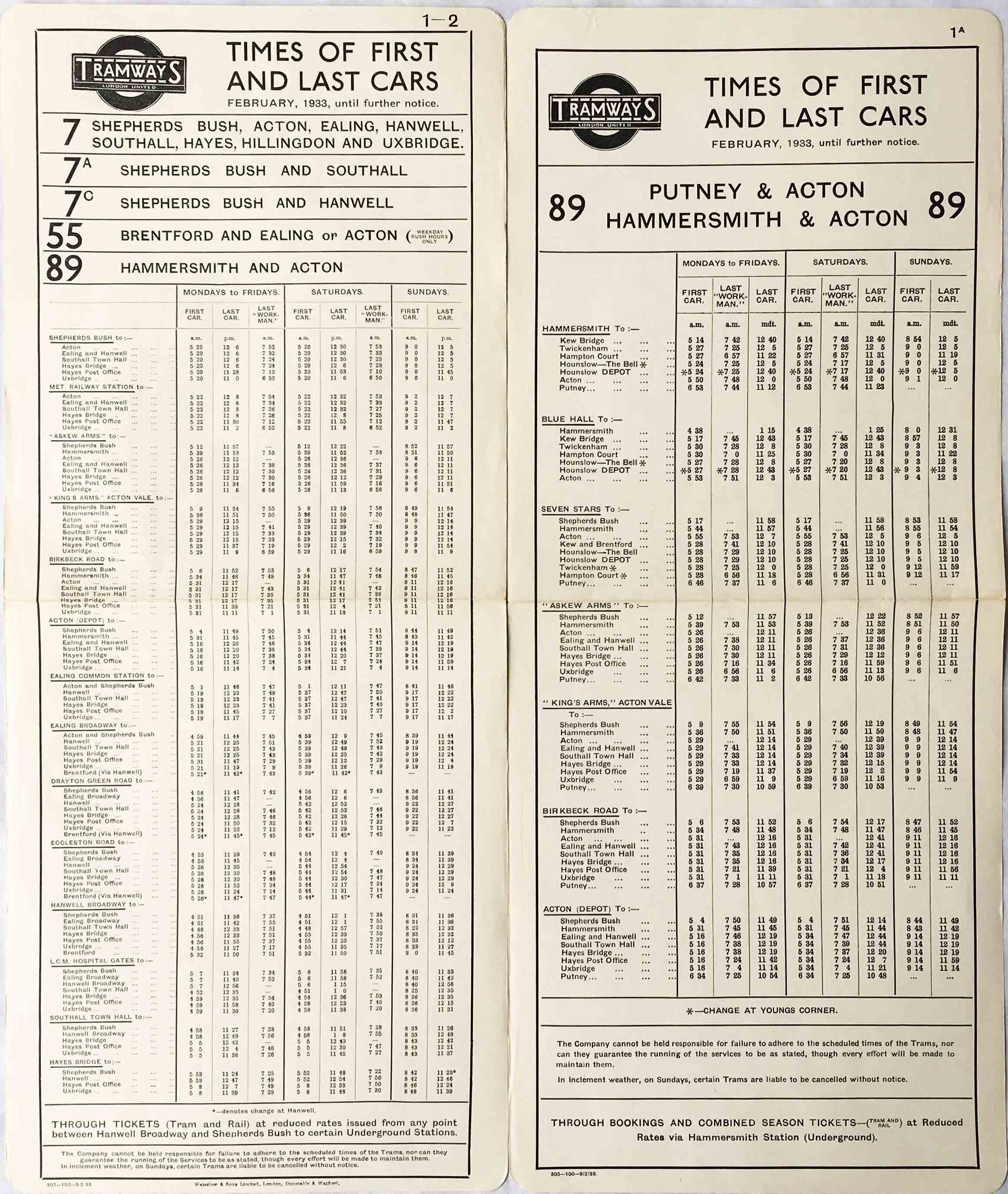 Pair of London United Tramways PANEL TIMETABLES, both dated February 1933, one for routes 7, 7A, 7C,