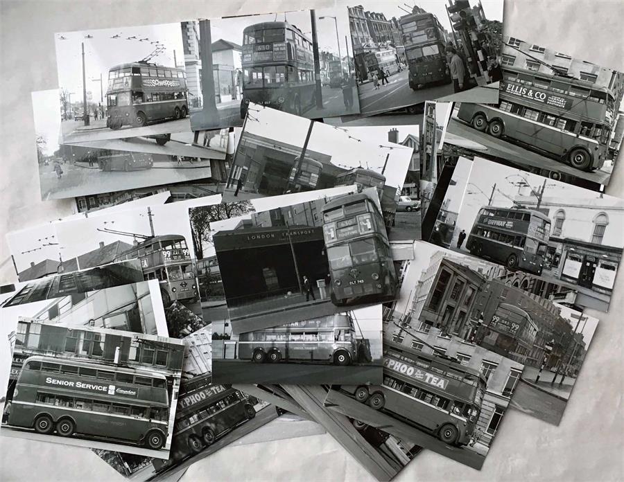 Quantity of b&w London TROLLEYBUS PHOTOGRAPHS, size 6x4, taken in the 1950s-early 1960s. Generally