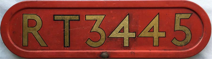 London Transport RT bus FLEET-NUMBER (BONNET) PLATE from RT 3445. The original vehicle with this