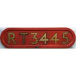 London Transport RT bus FLEET-NUMBER (BONNET) PLATE from RT 3445. The original vehicle with this