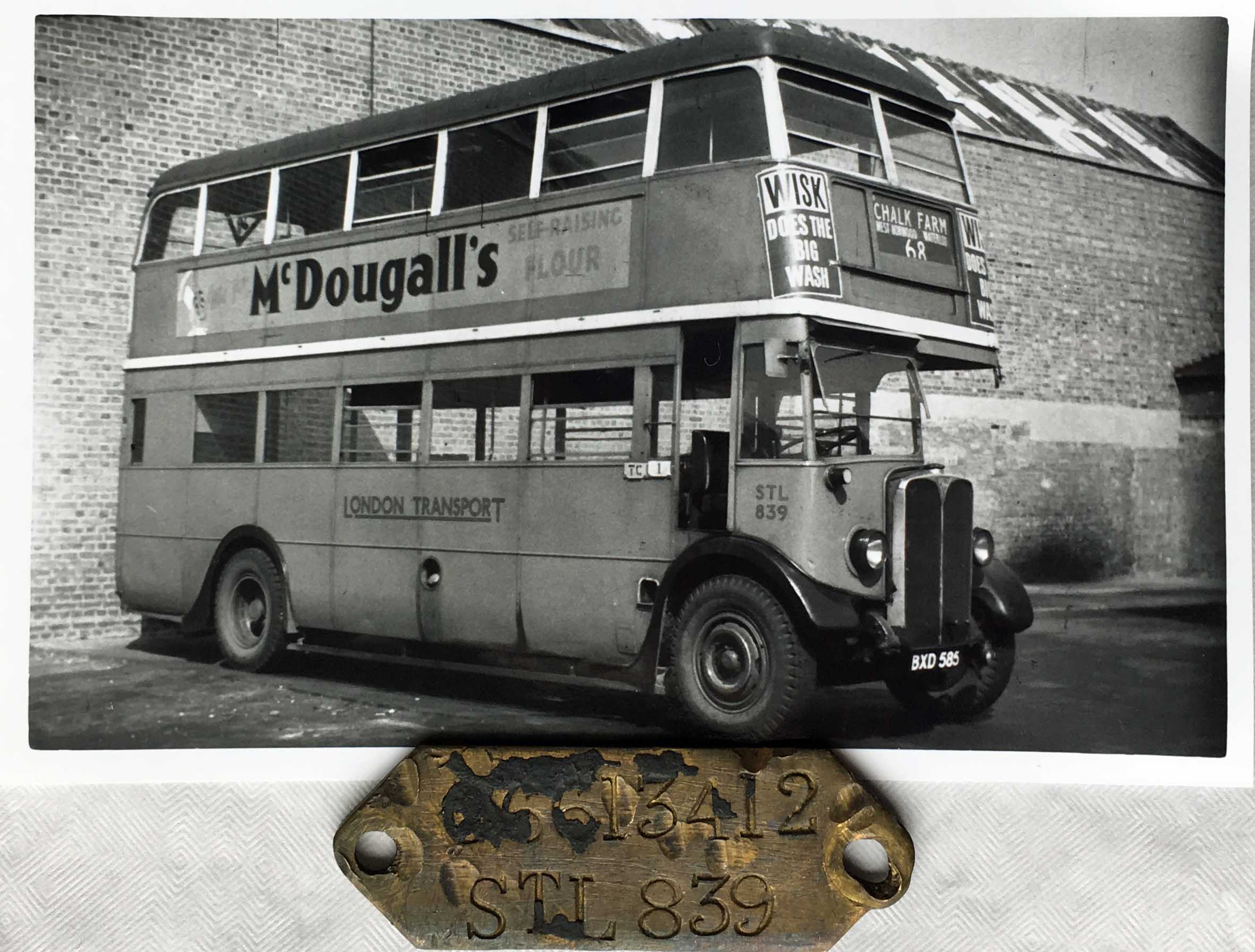 London Transport brass CHASSIS TAG, aka a DUMB-IRON PLATE, for double-deck bus STL 839 accompanied