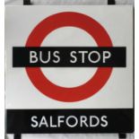 1950s/60s London Transport enamel BUS STOP SIGN ' Salfords' from a 'Keston' wooden bus shelter at