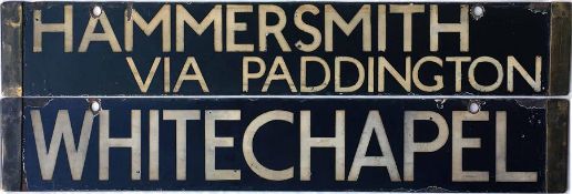 London Underground enamel DESTINATION PLATE for Hammersmith via Paddington/Whitechapel on the