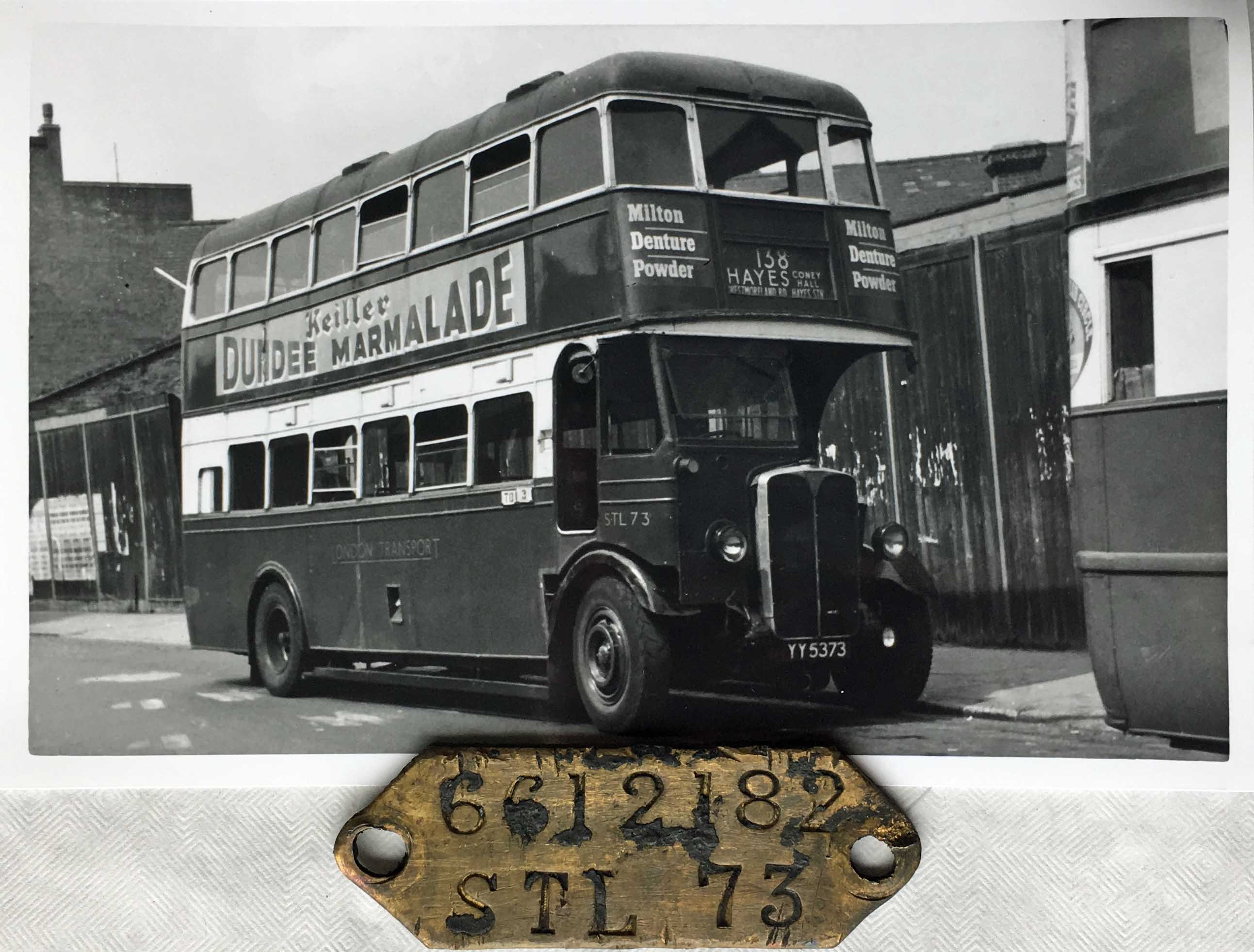 London Transport brass CHASSIS TAG, aka a DUMB-IRON PLATE, for double-deck bus STL 73 accompanied by