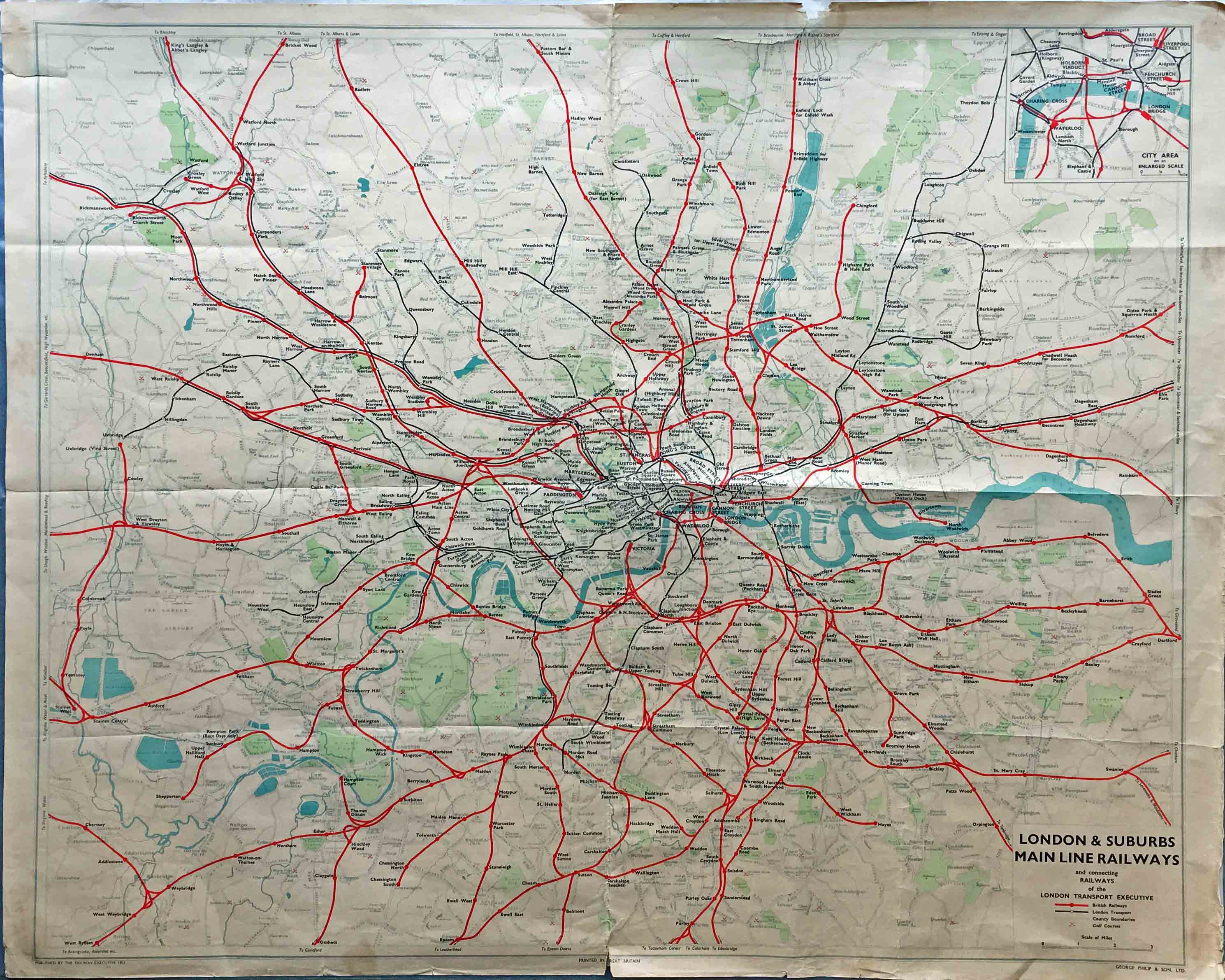 1951 quad-royal POSTER MAP 'London & Suburbs, Main Line Railways and connecting Railways of the