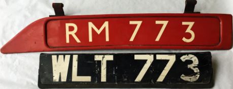 Pair of London Transport Routemaster PLATES from RM 773 comprising the bonnet FLEET-NUMBER PLATE (