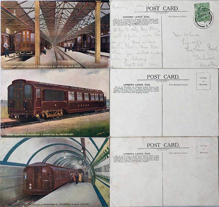 Selection of 1906 Great Northern, Piccadilly & Brompton Railway POSTCARDS issued at the opening of