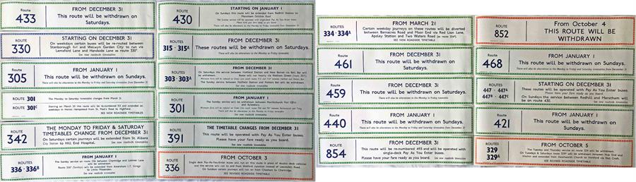 Quantity (22) of London Transport 1960s WINDOW SLIP POSTERS for RT, RF, GS-type buses detailing