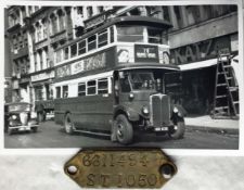 London Transport brass CHASSIS TAG, aka a DUMB-IRON PLATE, for double-deck bus ST 1050 accompanied
