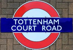 London Underground enamel PLATFORM BULLSEYE SIGN from Tottenham Court Road. A one-piece sign with