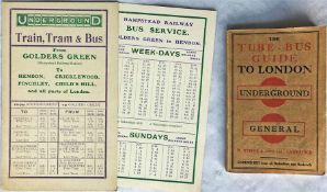 1910 London Underground fold-out CARD LEAFLET 'Train, Bus & Tram from Golders Green', featuring an