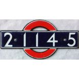 1949 (1938) London Underground enamel STOCK-NUMBER PLATE from R38-Stock driving motor car 21145