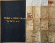 c1914 London & Suburban Tramways MAP, linen-backed inside leathercloth cover with gold-leaf title.