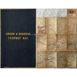 c1914 London & Suburban Tramways MAP, linen-backed inside leathercloth cover with gold-leaf title.