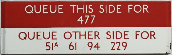London Transport bus stop enamel Q-PLATE 'Queue this side for 477, Queue other side for 51A, 61, 94,