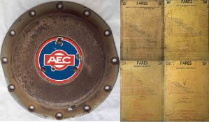 London trolleybus WHEEL HUB-CAP with enamel AEC badge said by vendor to be ex-N-class vehicle from