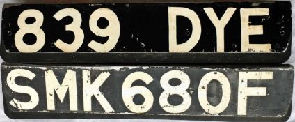Pair of London Transport Routemaster REGISTRATION PLATES (front) from RM 1839 (839 DYE) and RML 2680