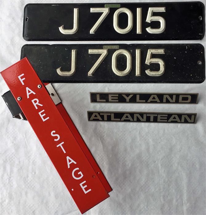 Selection of BUS ITEMS comprising a 1970s London Transport bus stop FARE STAGE SIGN (2 enamel plates