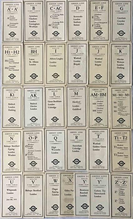 Quantity (31) of 1935 London Transport Green Line Coaches TIMETABLE LEAFLETS. All different with a