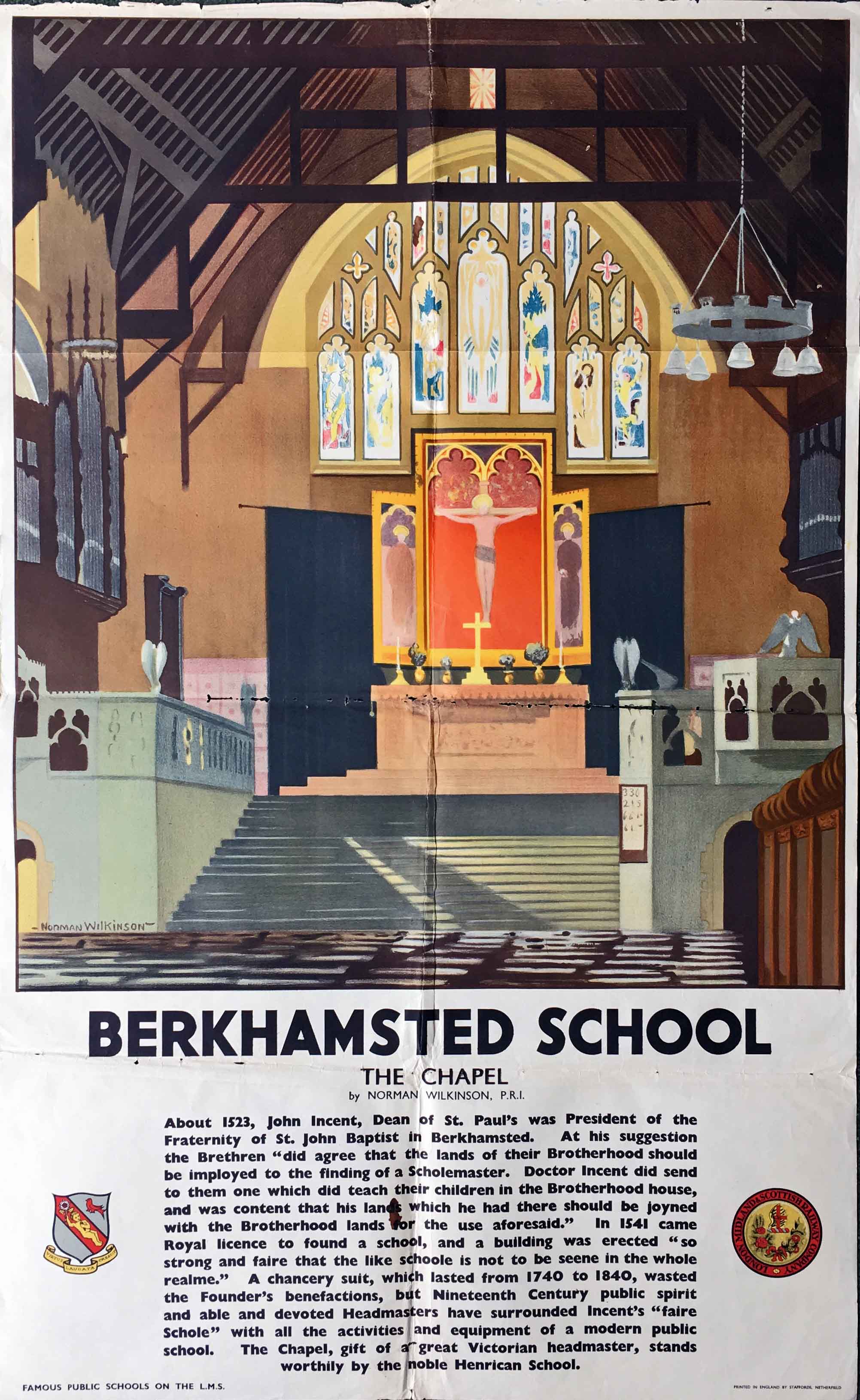 1937 London, Midland & Scottish Railway double-royal POSTER 'Berkhamsted School, the Chapel' by