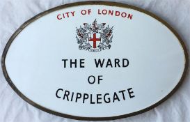 A City of London WARD BOUNDARY SIGN 'The Ward of Cripplegate'. An oval enamel sign in its original