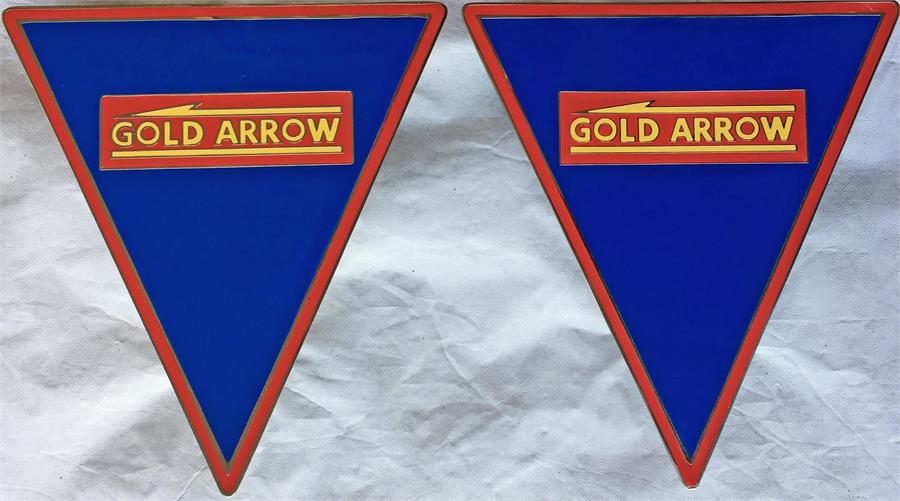 Pair of London Transport Routemaster 'Gold Arrow' enamel RADIATOR BADGES, believed to have been made
