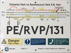 London Underground small ENAMEL SIGN with track diagram Chiswick Park to Ravenscourt Park EB fast,