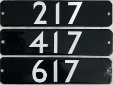 Set of London Underground 1973 Tube Stock enamel STOCK-NUMBER PLATES from a 3-car unit comprising