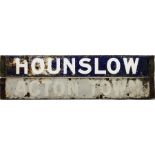 London Underground double-sided enamel DESTINATION PLATE Hounslow (on a blue background)/Acton