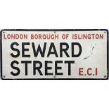 1960s/70s London Borough of Islington STREET SIGN for Seward Street, EC1 which is in Clerkenwell,