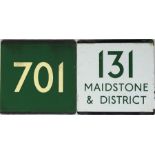 Pair of London Transport bus/coach stop enamel E-PLATES for Green Line route 701 in cream on green
