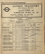 London Transport (Central Buses) ALLOCATION OF SCHEDULED BUSES, No 50, commencing 19th April 1944. A
