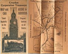 Croydon Corporation Tramways MAP & GUIDE TO CAR SERVICES dated February 1924. Printed on pink