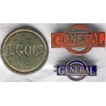 London General Omnibus Co BADGES comprising a CAP BADGE, the red version issued to crews in the late