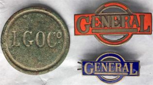 London General Omnibus Co BADGES comprising a CAP BADGE, the red version issued to crews in the late