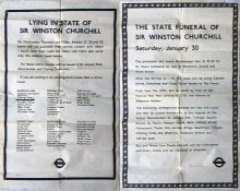 Pair of black-lined 1965 London Transport double royal POSTERS regarding the death of Sir Winston