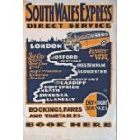 1930s POSTER for South Wales Express coach service from London to Swansea/Llanelly. This operator