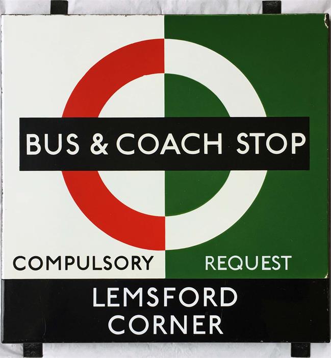 1950s/60s London Transport enamel BUS STOP SIGN ' Bus & Coach Stop - Lemsford Corner" from the "