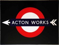 A London Underground BULLSEYE SIGN 'ACTON WORKS' with double-flighted arrow. Made of perspex and