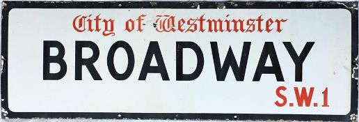 A City of Westminster enamel STREET SIGN from Broadway, SW1, famous for no 55, the traditional