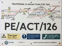 London Underground small ENAMEL SIGN with track diagram Northfields to Acton Town EB fast,