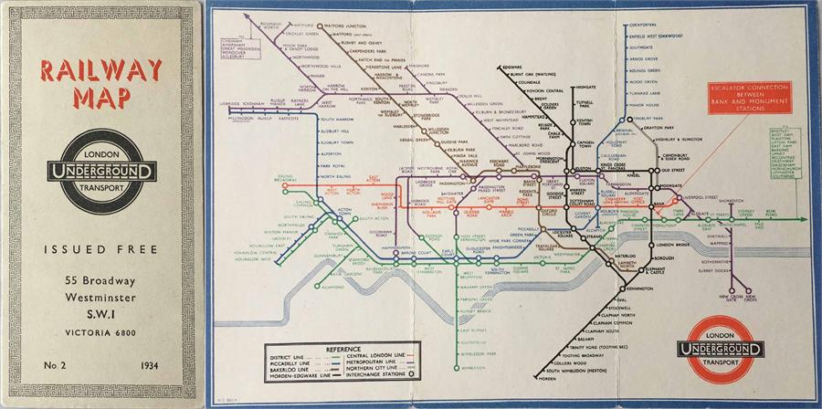 1934 London Underground diagrammatic, card POCKET MAP, designed by H C Beck. This is edition No 2,